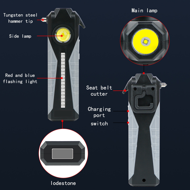 Rechargeable lights portable cob  working construction light Emergency Flashlight with Safety Hammer