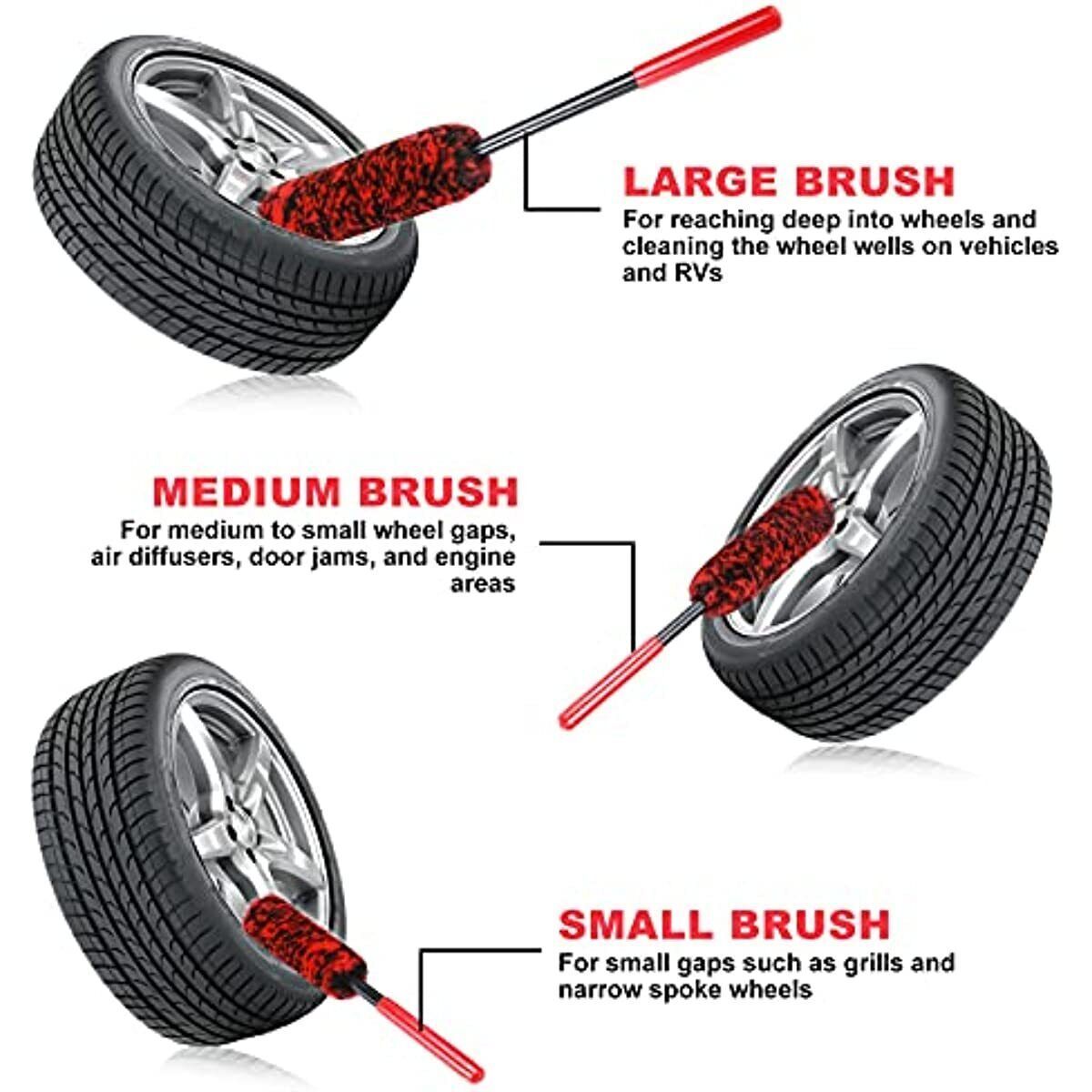 NBT 3PCS Metal Free Synthetic Woolies Wheel Rim Brush Dense Fibers Large Wheel Car Detailing Brush Kit