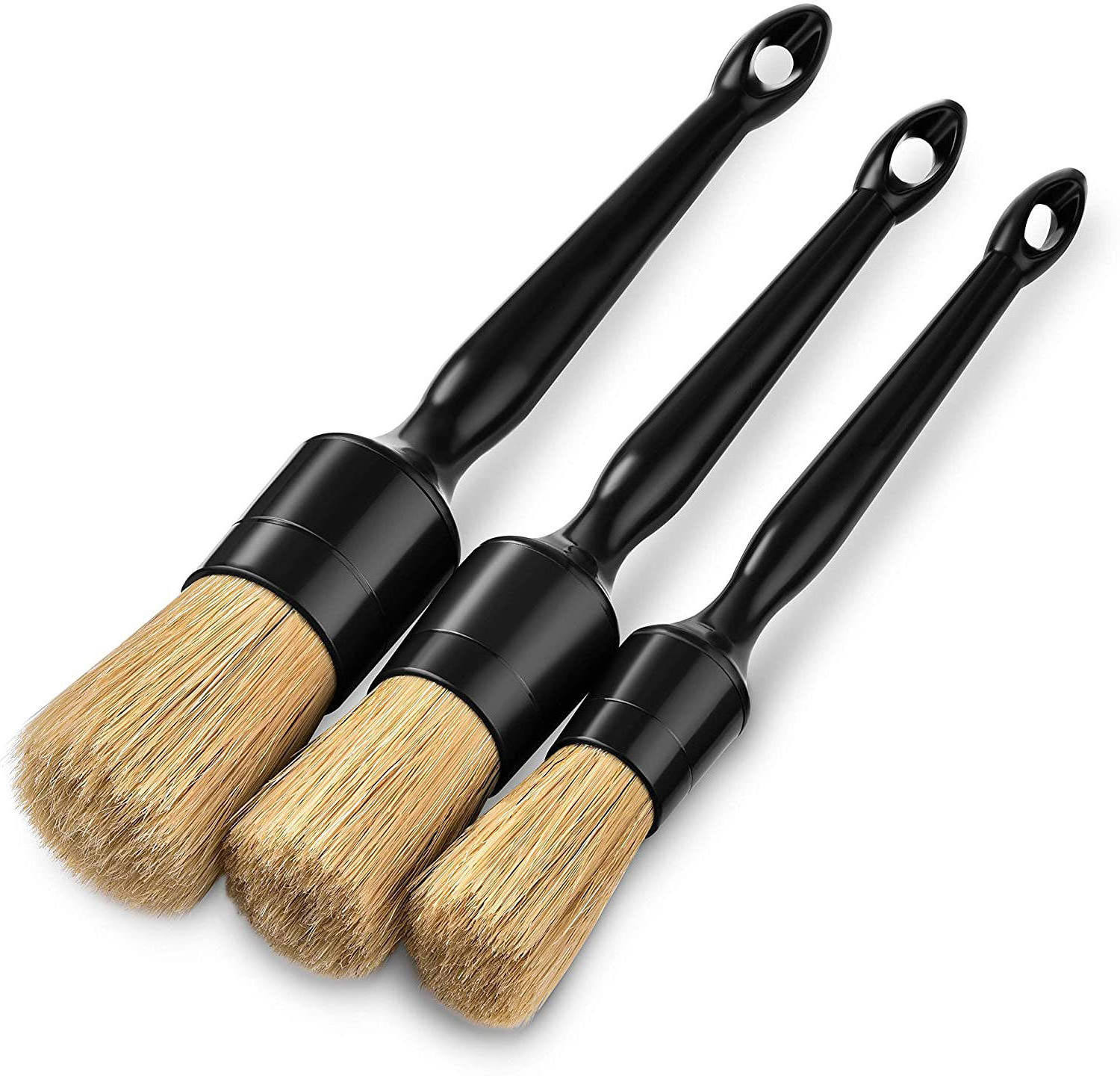 NBT 3PCS Black Boar Bristles Hair Auto Detailing Brush Set 100% Pig Bristle Auto Car Detailing Brush