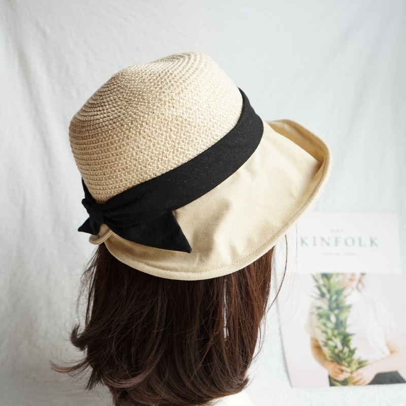 High Quality Cotton Linen Bowknot French Retro Beach Bucket Straw Hat