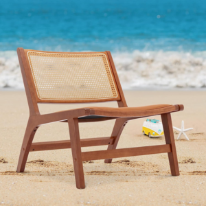 Mid-century Modern rattan back armless reading side chair with Bohemian wood frame chair