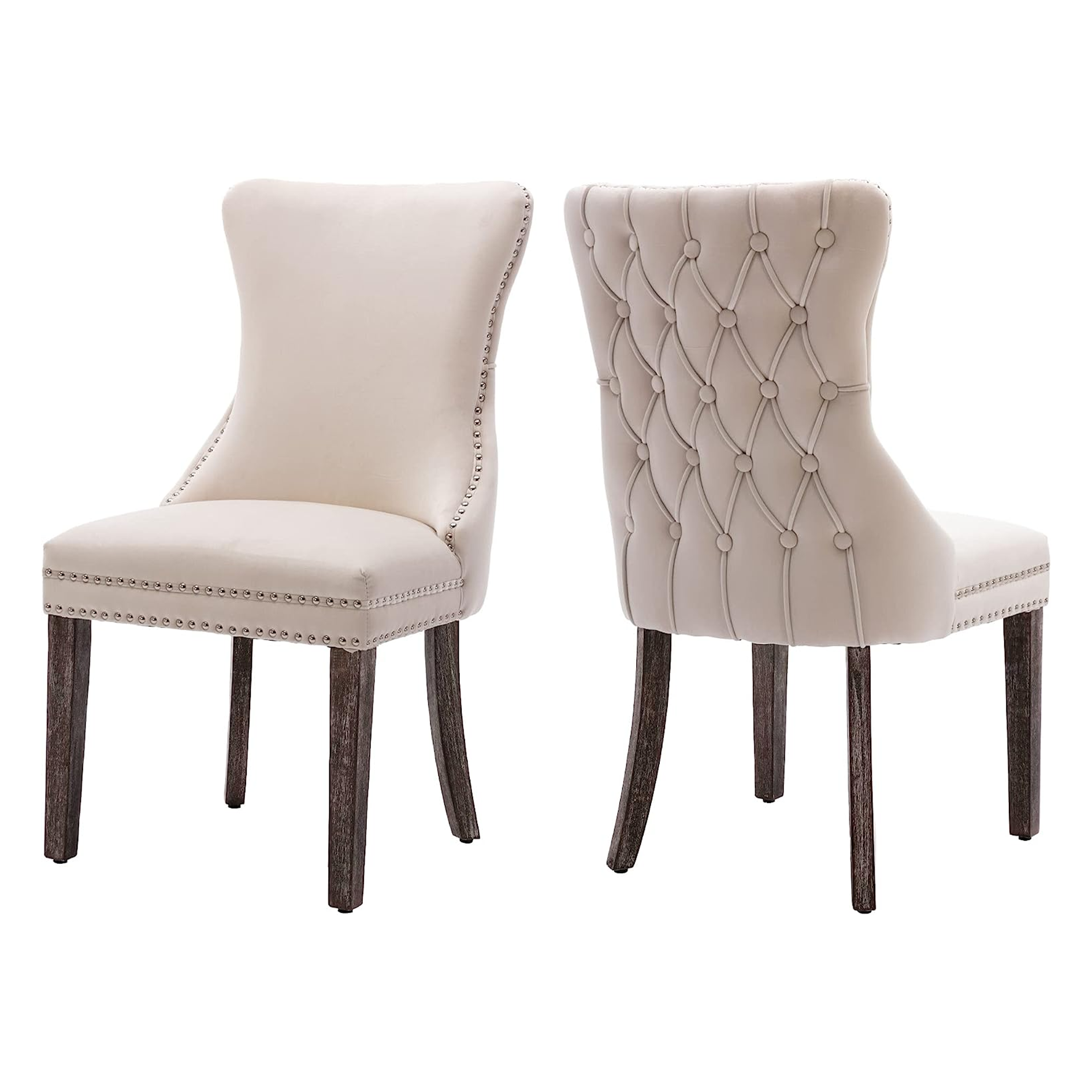 Contemporary style tufted high back rivets design solid wood legs beige velvet kitchen dining chair