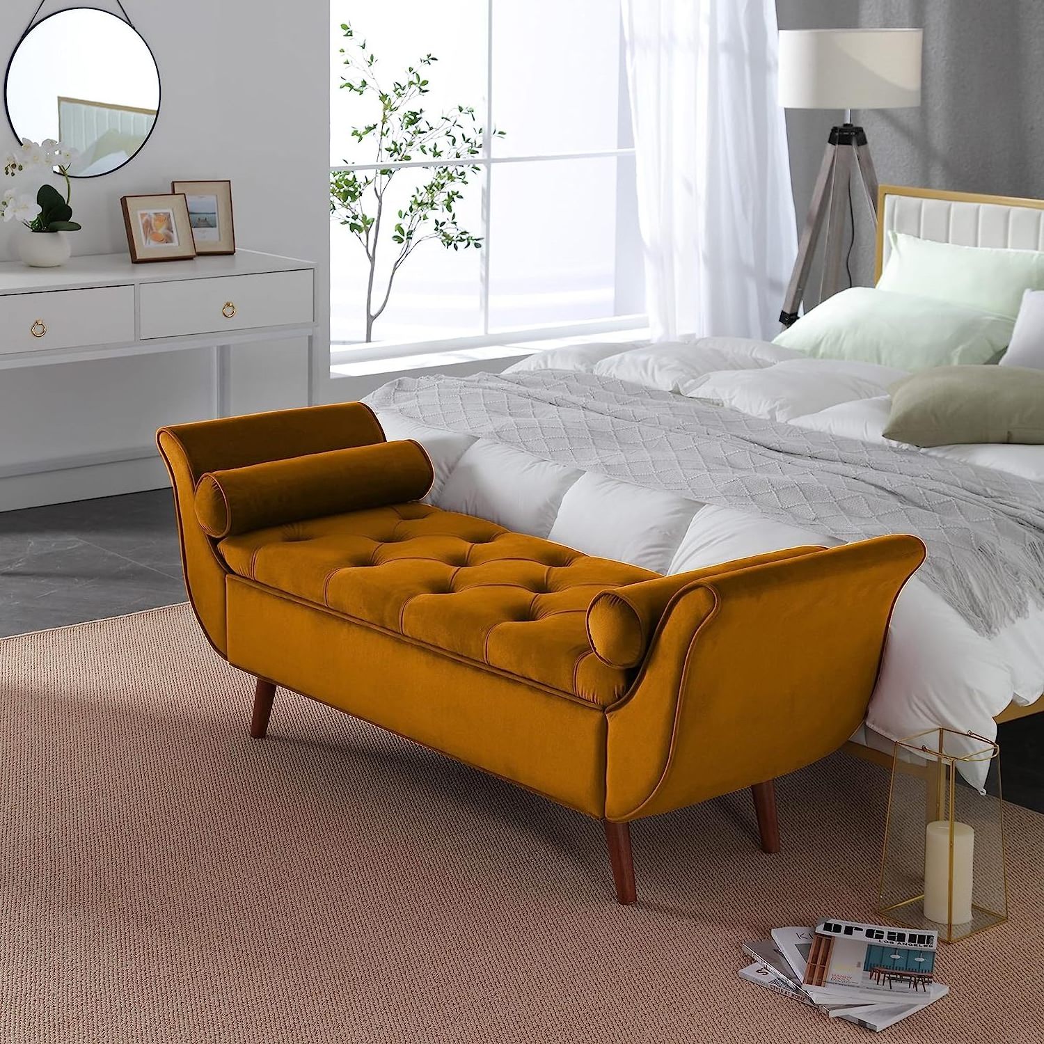 Velvet upholstered roll edge button tufted bedroom bed end Solid wood legs Ottoman sofa storage bench