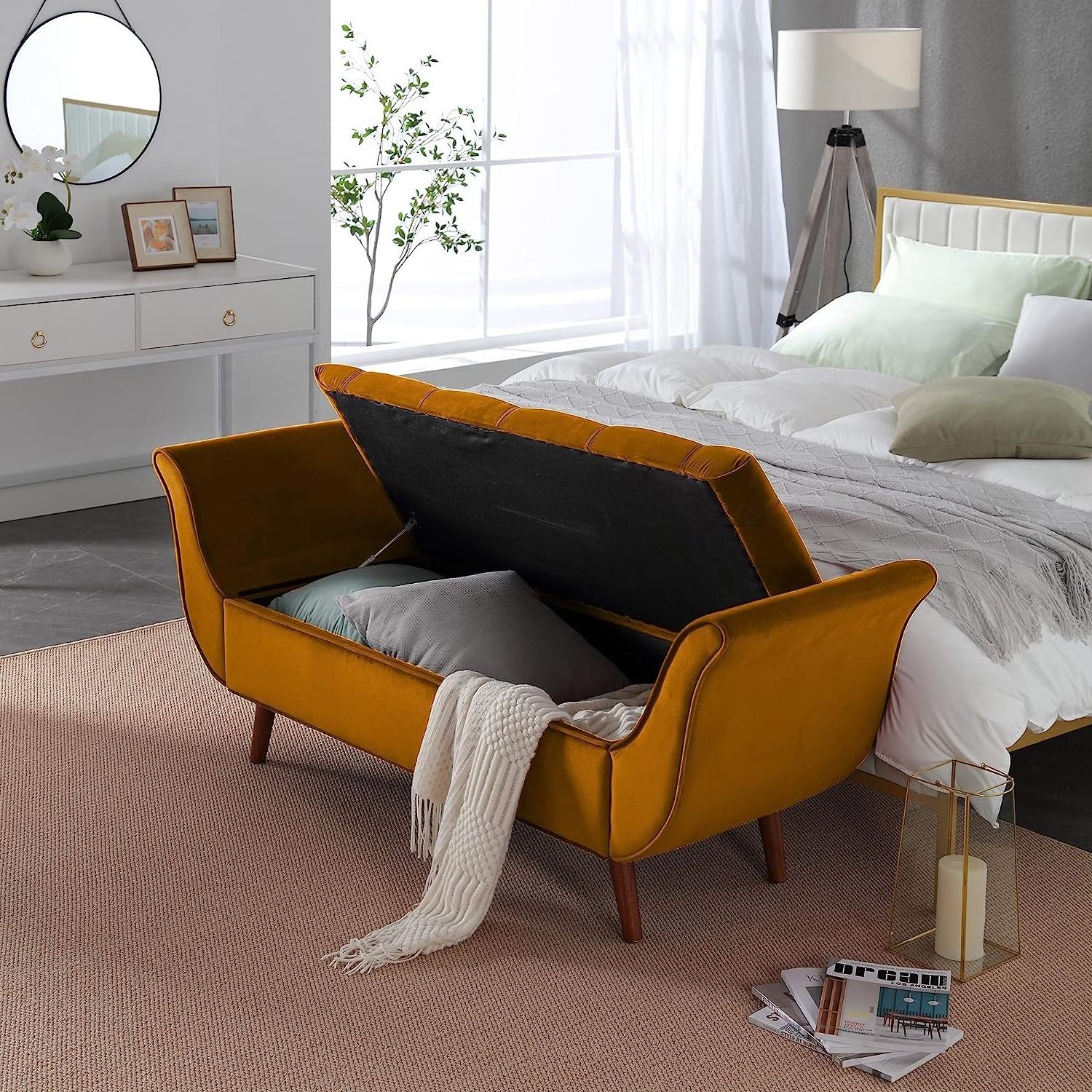 Velvet upholstered roll edge button tufted bedroom bed end Solid wood legs Ottoman sofa storage bench