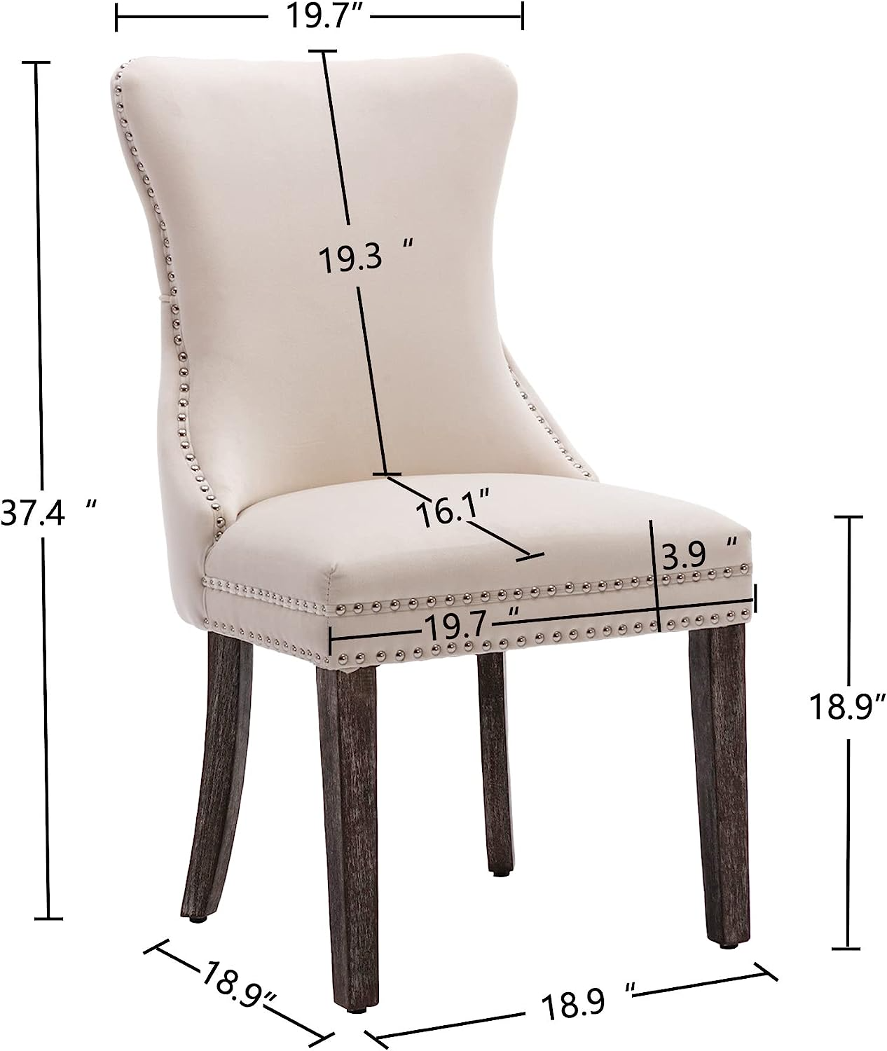 Contemporary style tufted high back rivets design solid wood legs beige velvet kitchen dining chair