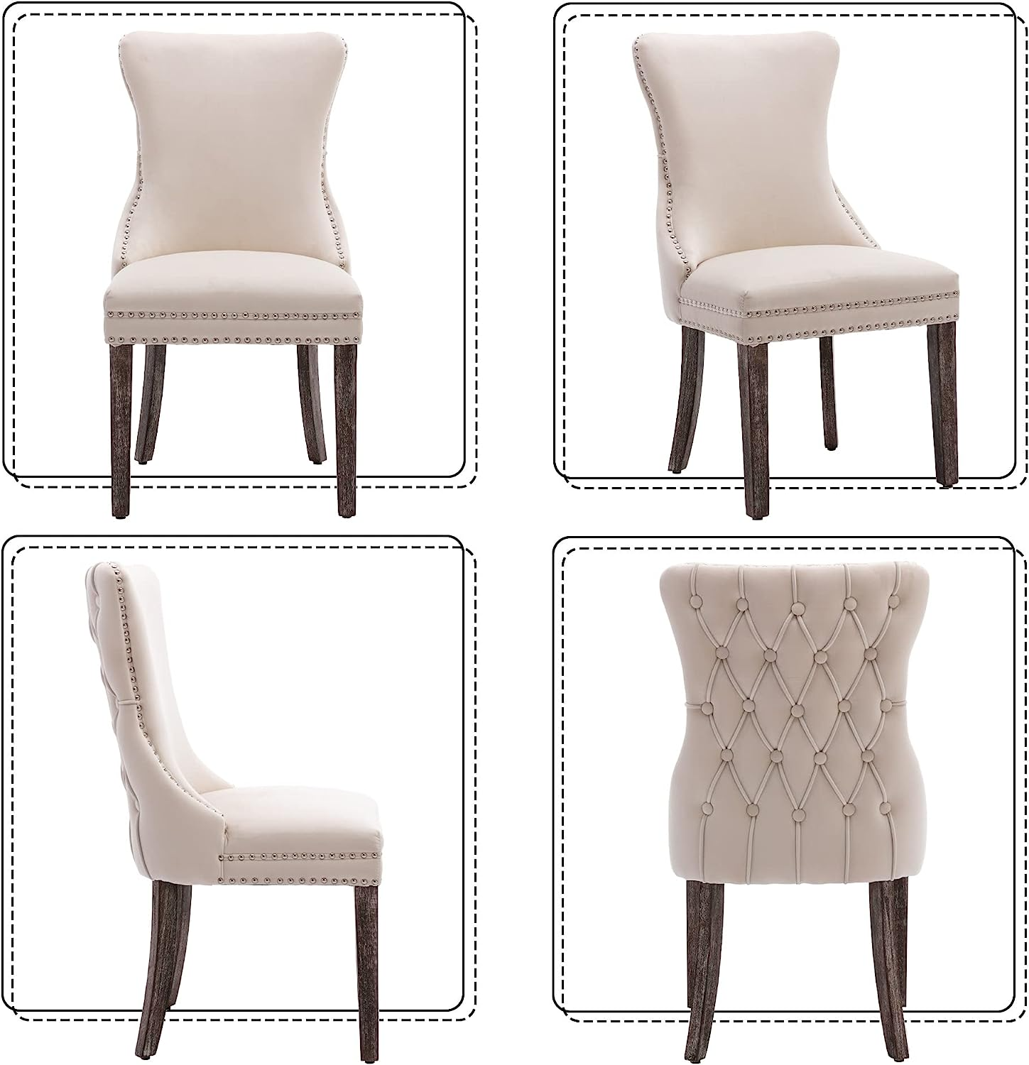 Contemporary style tufted high back rivets design solid wood legs beige velvet kitchen dining chair