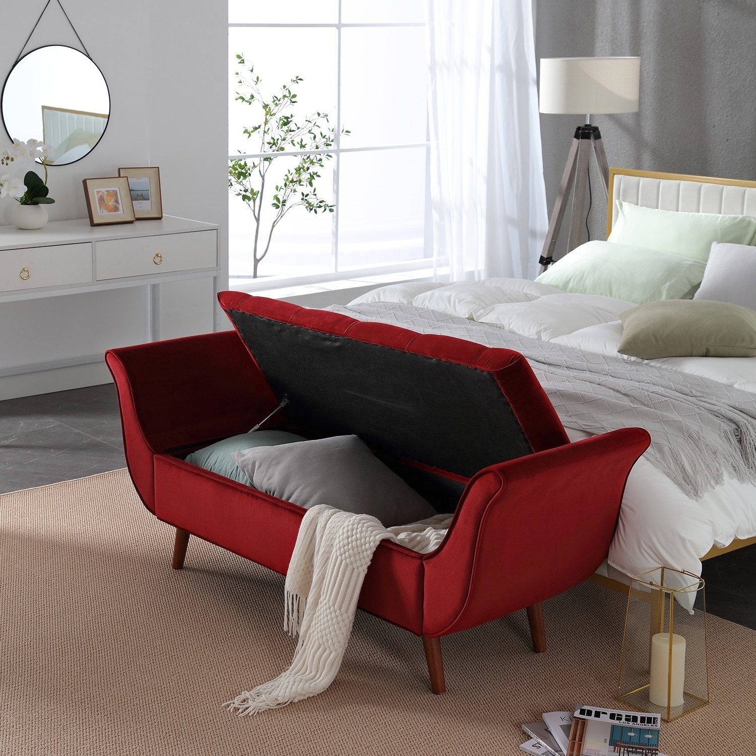 Modern new design elegant red velvet fabric tufted solid wood frame leg bedroom storage bench