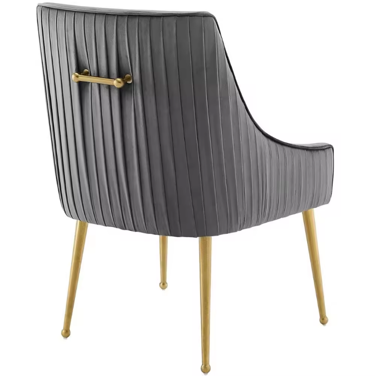 Modern Luxury Velvet Padded Dining Chair With Armrests Sturdy KD Gold Plated Legs And Unique Pleated Design On The Back