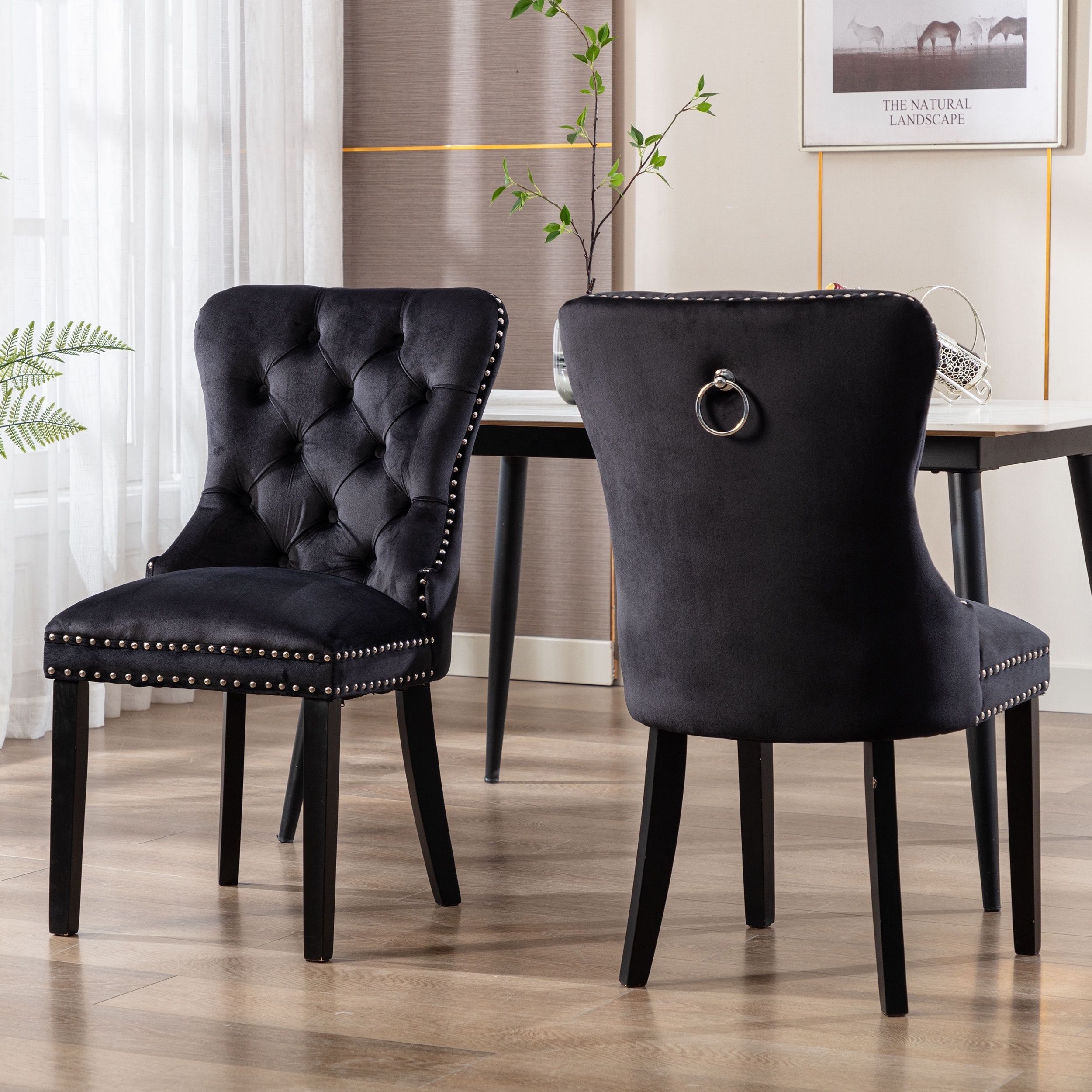 Cheap Classic Furniture Black Velvet Fabric Wooden Frame Tufted Upholstered Ring Back Dining Chair