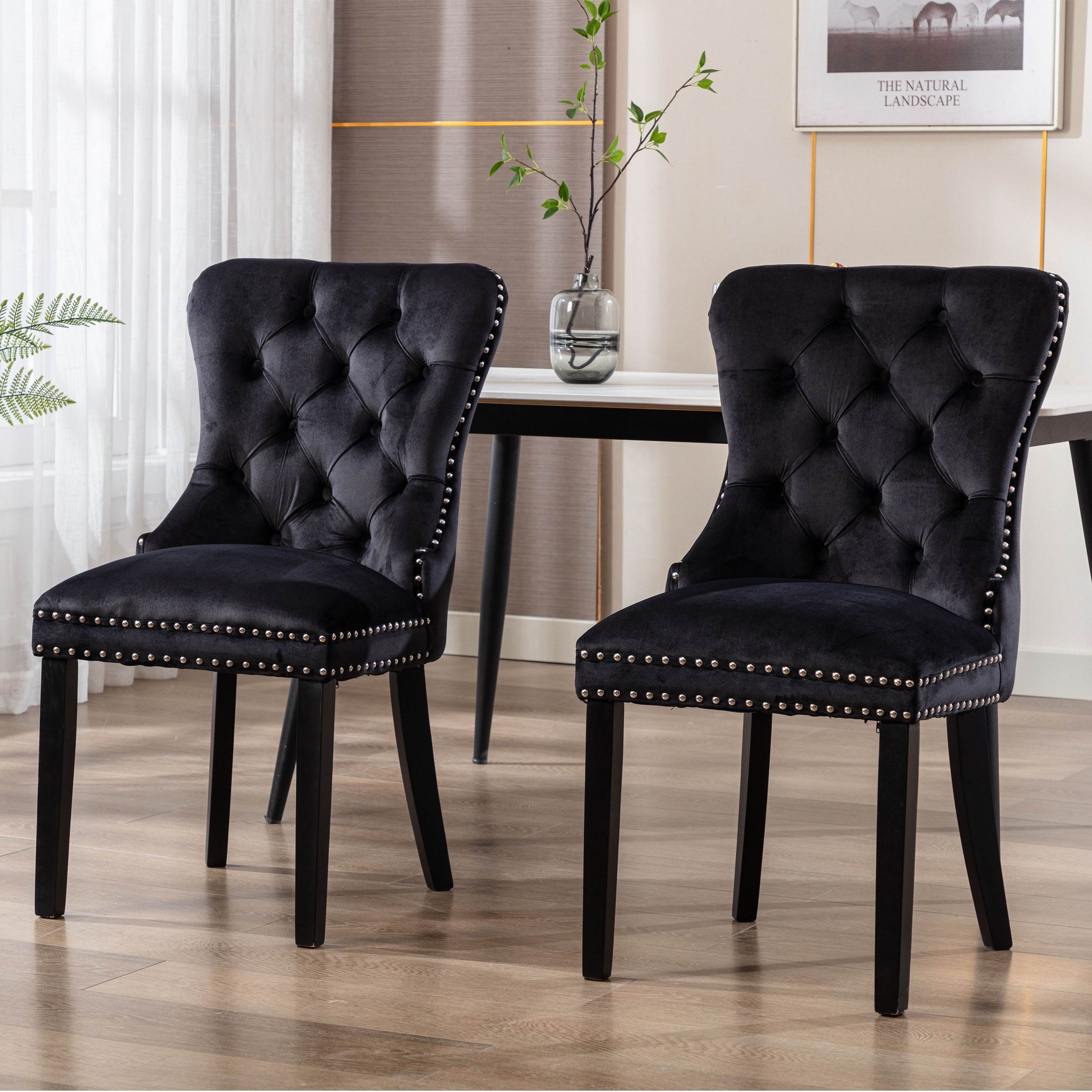 Cheap Classic Furniture Black Velvet Fabric Wooden Frame Tufted Upholstered Ring Back Dining Chair