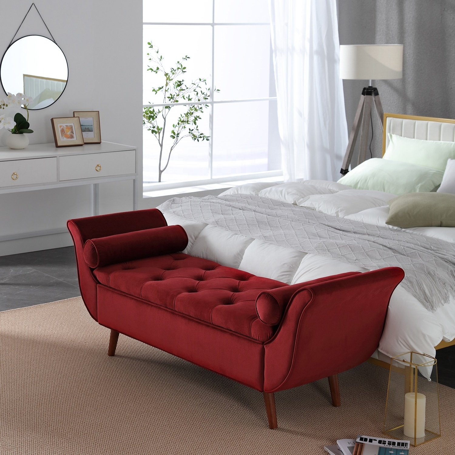 Modern new design elegant red velvet fabric tufted solid wood frame leg bedroom storage bench