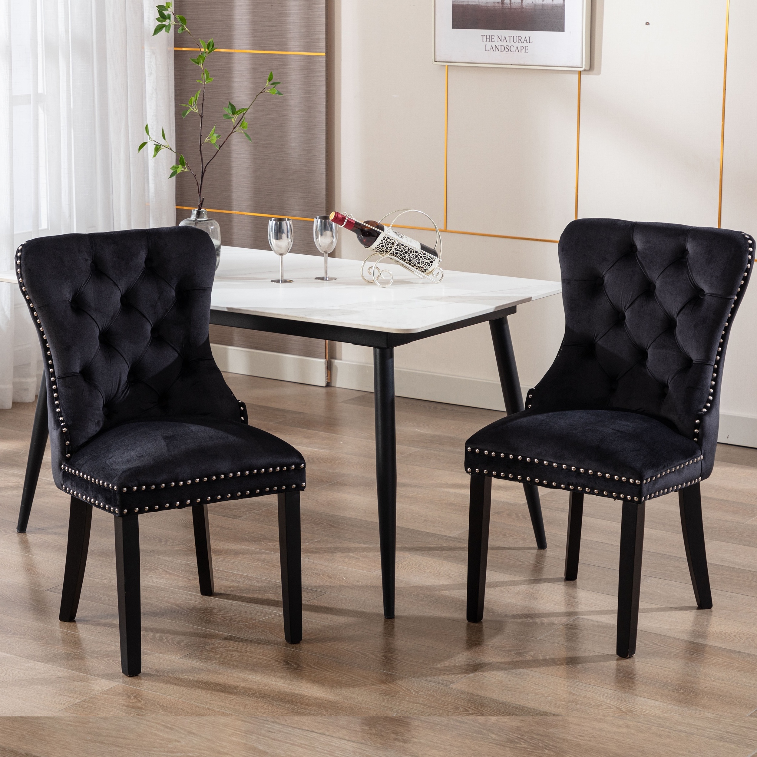 Cheap Classic Furniture Black Velvet Fabric Wooden Frame Tufted Upholstered Ring Back Dining Chair