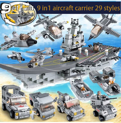 Hot Sale 9-in-1 Aircraft Carrier Children Assembled Bricks Blocks Educational Building Toys with 28 Kinds of Modeling Wholesale