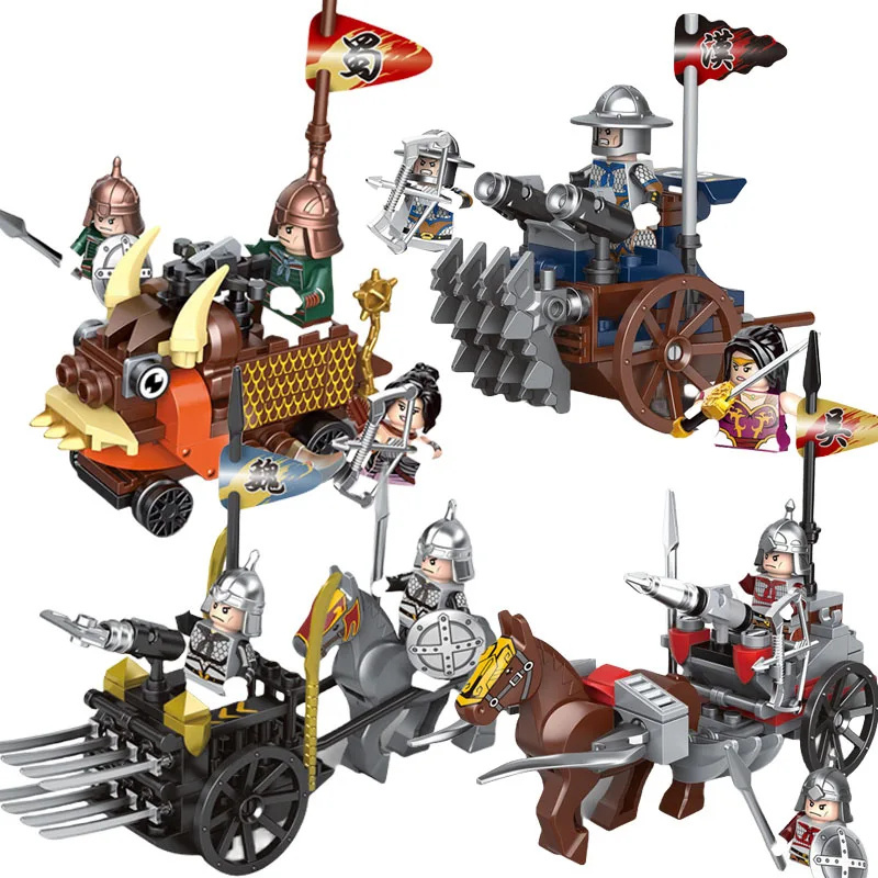 MOC Ancient Three Kingdoms Medieval Siege Chariot Vehicles Building Blocks Car Figures Weapon Horse Shield Flags Bricks Toy Gift