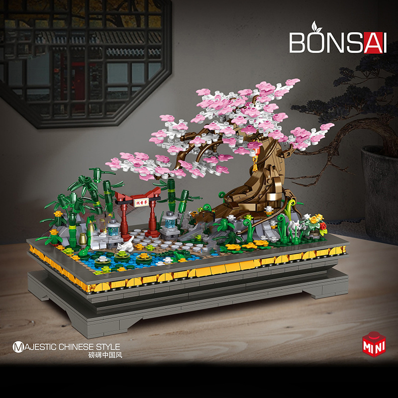 ZHEGAO Mini Garden Bonsai Blocks DIY Cherry Blossom Pine Pavilion 3D Plant Potted Model Building Bricks Toy Home Decoration Gift