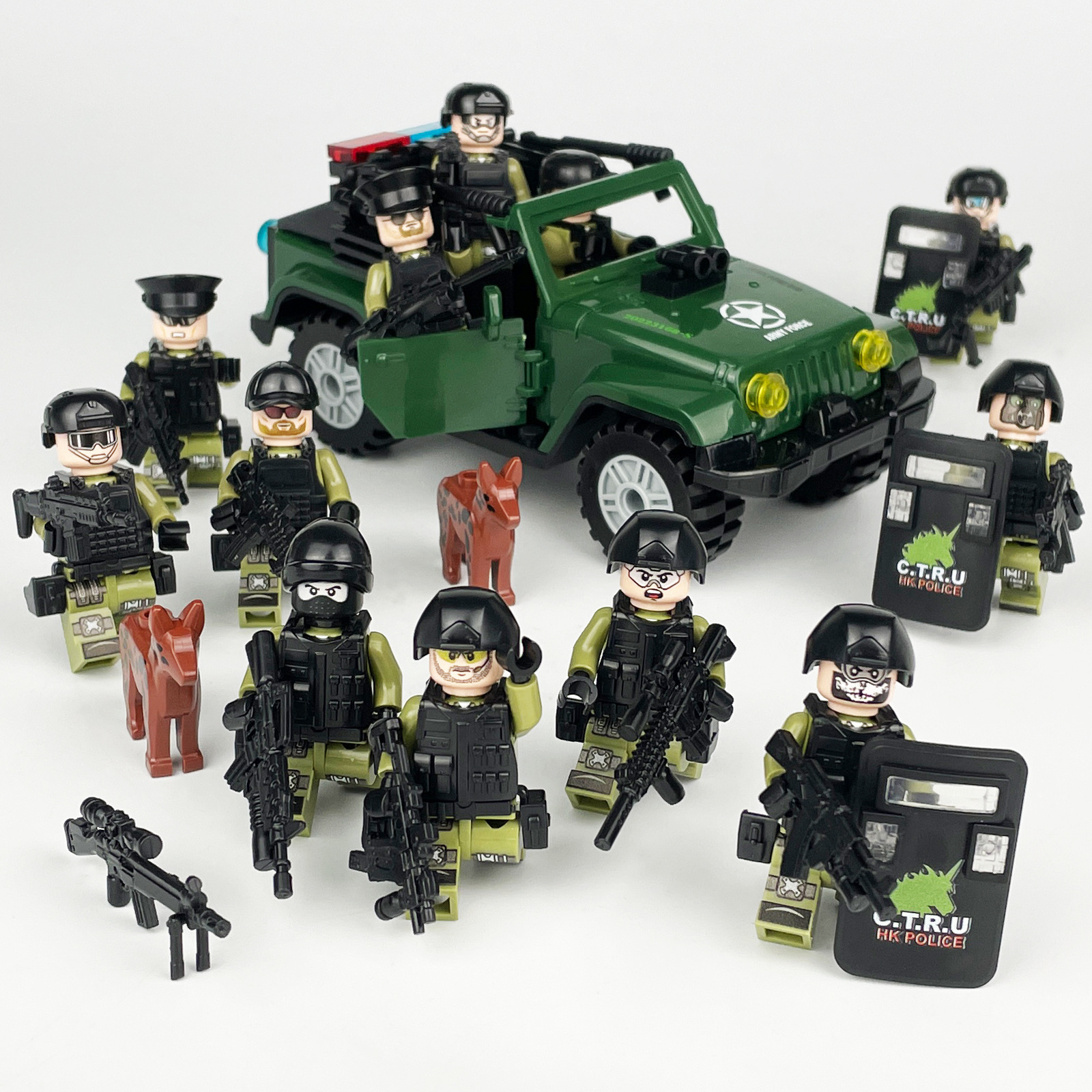 City Military Vehicle Special Forces Soldier Mini Action Figures with Weapon Shield Jeep Building Block Set Gift For Kids