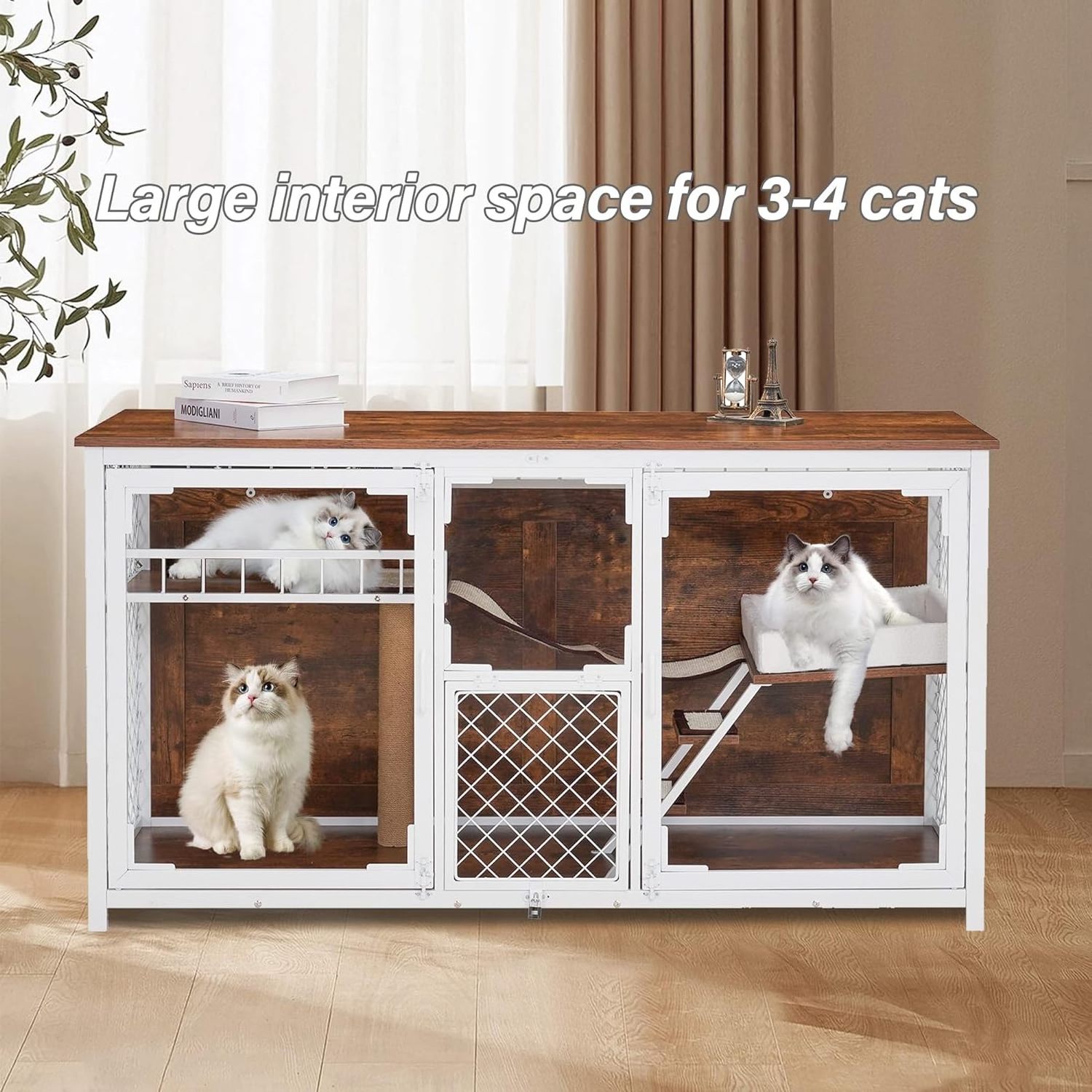 58 Inch Indoor End Table Cat House Wooden Furniture Style Cat Hidden Crate Kennel with Scratching Pad