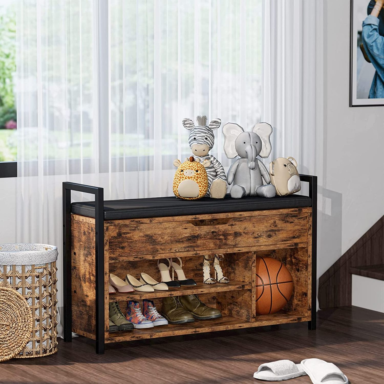 Indoor Wooden Furniture 2-Tier Shoe Rack Organizer Entryway Bench With Lift Top Storage Box