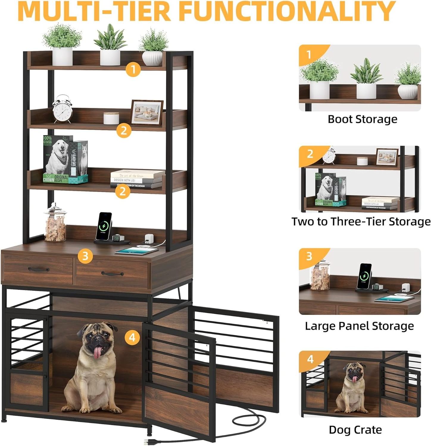 32 Inch Heavy Duty Double Doors Wooden Dog Kennel Modern Dog Crate Furniture with Storage Shelves