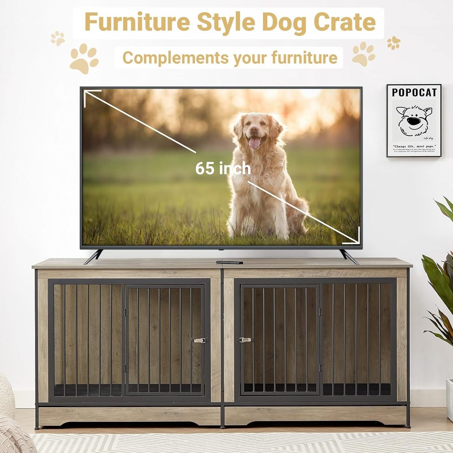 75 inch Heavy Duty End Table Wood Double Dog Crate Furniture for 2 Large Dogs