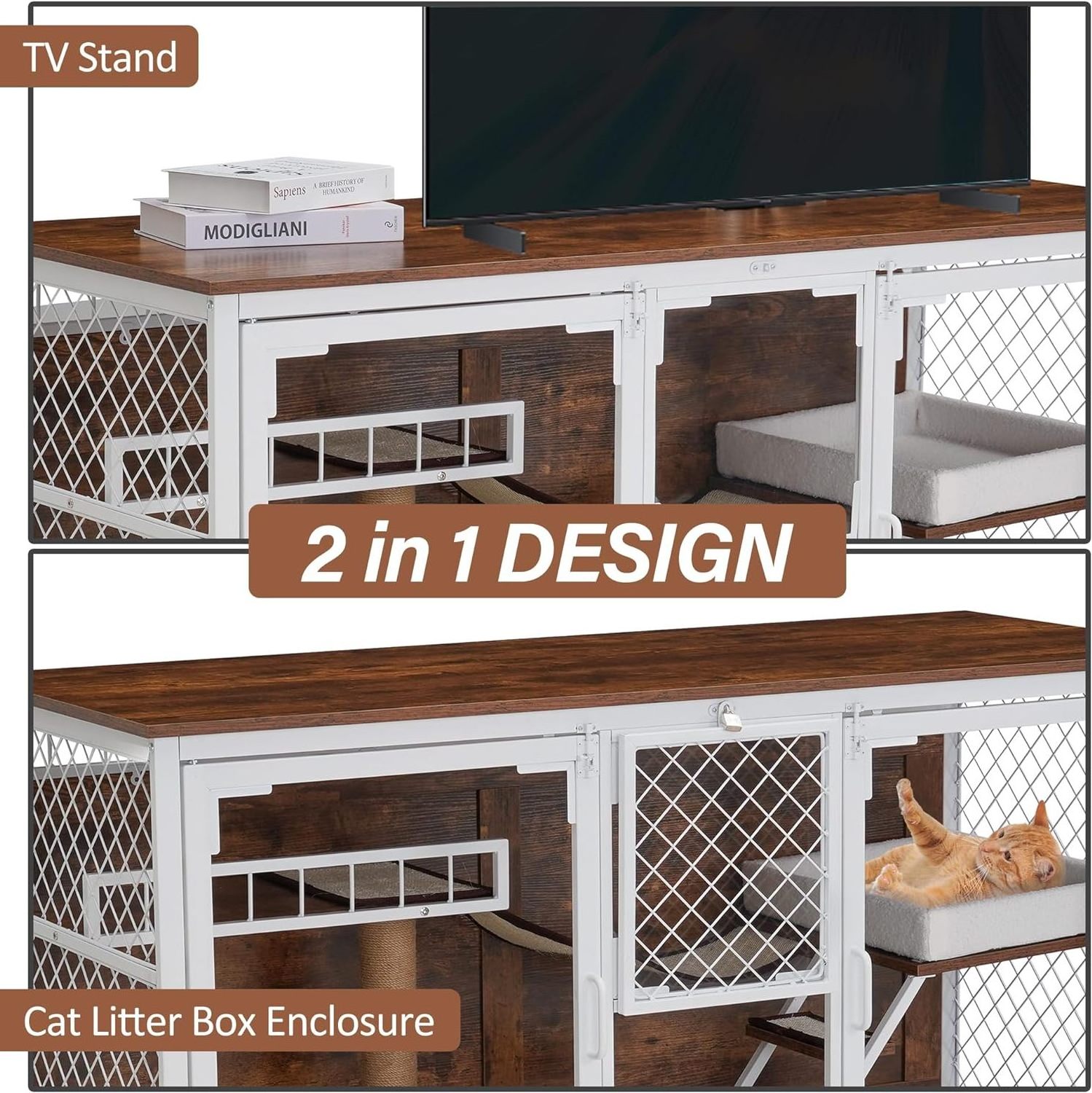 58 Inch Indoor End Table Cat House Wooden Furniture Style Cat Hidden Crate Kennel with Scratching Pad