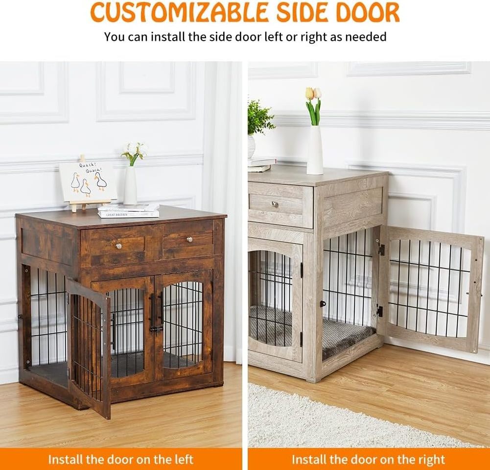 3-Doors Indoor Dog Kennel Wooden Dog Crate Table with 2 Drawers