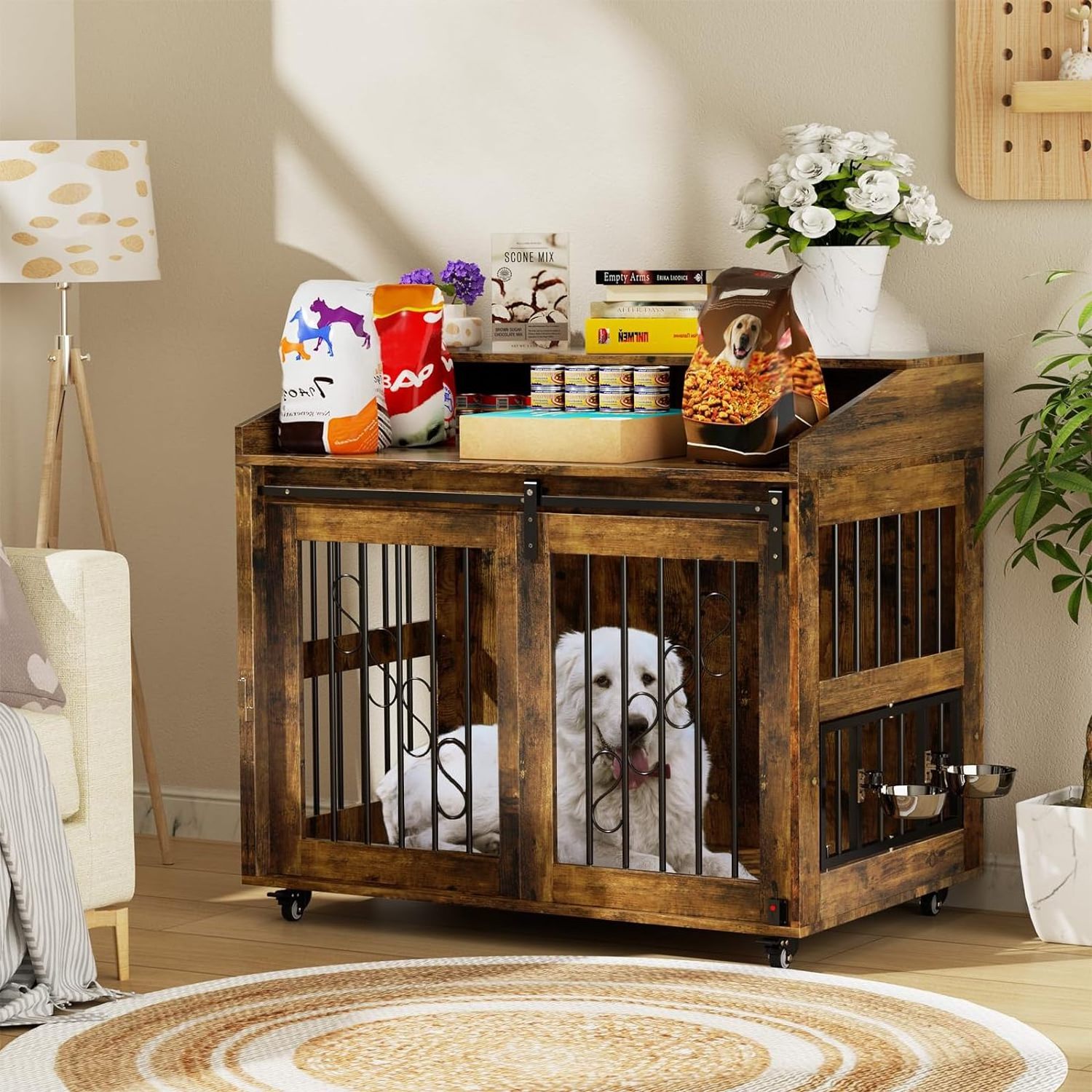 40 Inch End Table Wooden Dog Kennel Rustic Style Decorative Dog Crate Furniture with Sliding Barn Door BestSuppliers