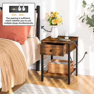 Mesa de noche Rustic Brown Storage Shelf Wooden Nightstand End Table With Charging Station