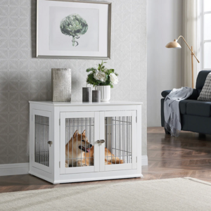 Medium Dog House Wooden Wire Pet Kennels End Table Furniture Style Dog Crate with Cushion