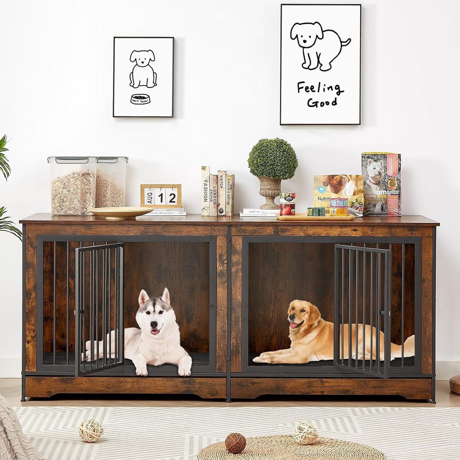 75 inch Heavy Duty End Table Wood Double Dog Crate Furniture for 2 Large Dogs