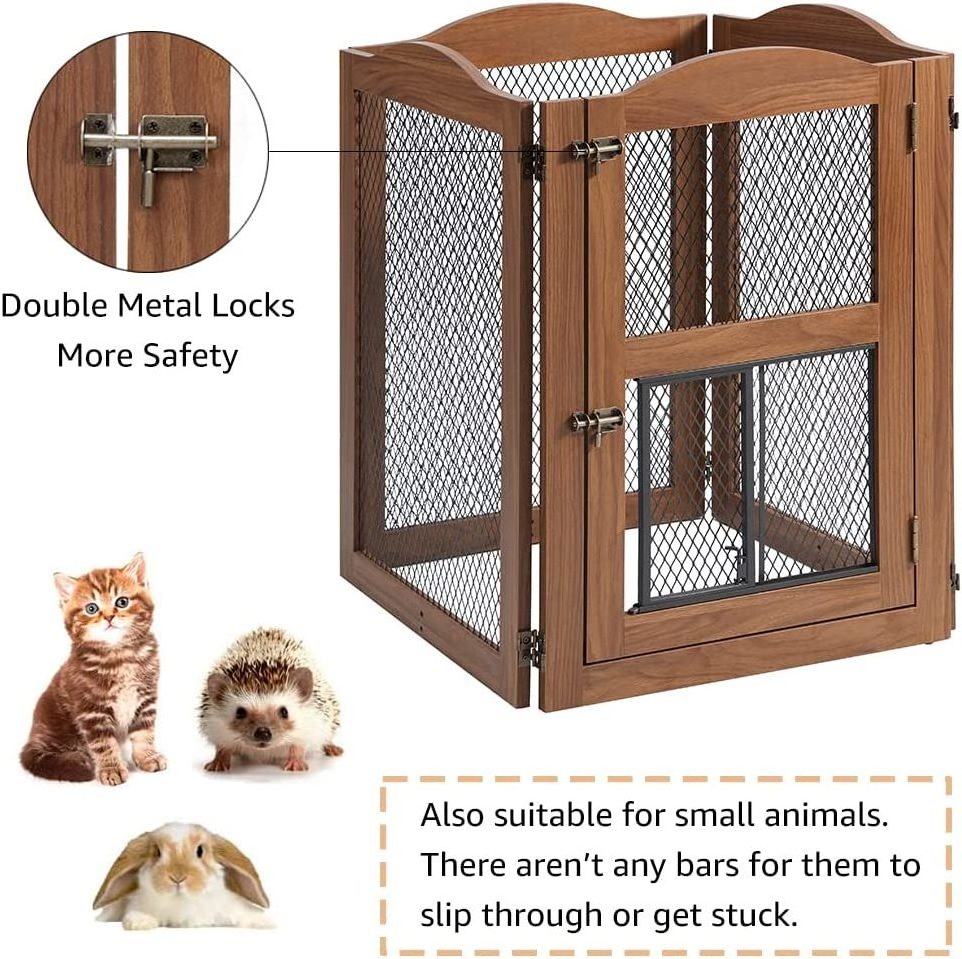 Indoor Metal Mesh Wooden Dog Gates Pet Barrier Fence Freestanding Walk Through Pet Gate