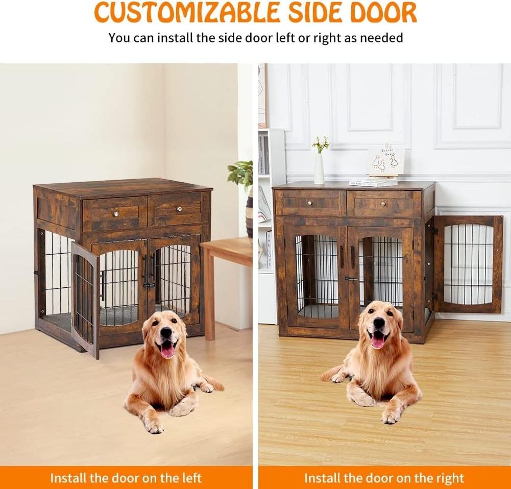 3-Doors Indoor Dog Kennel Wooden Dog Crate Table with 2 Drawers