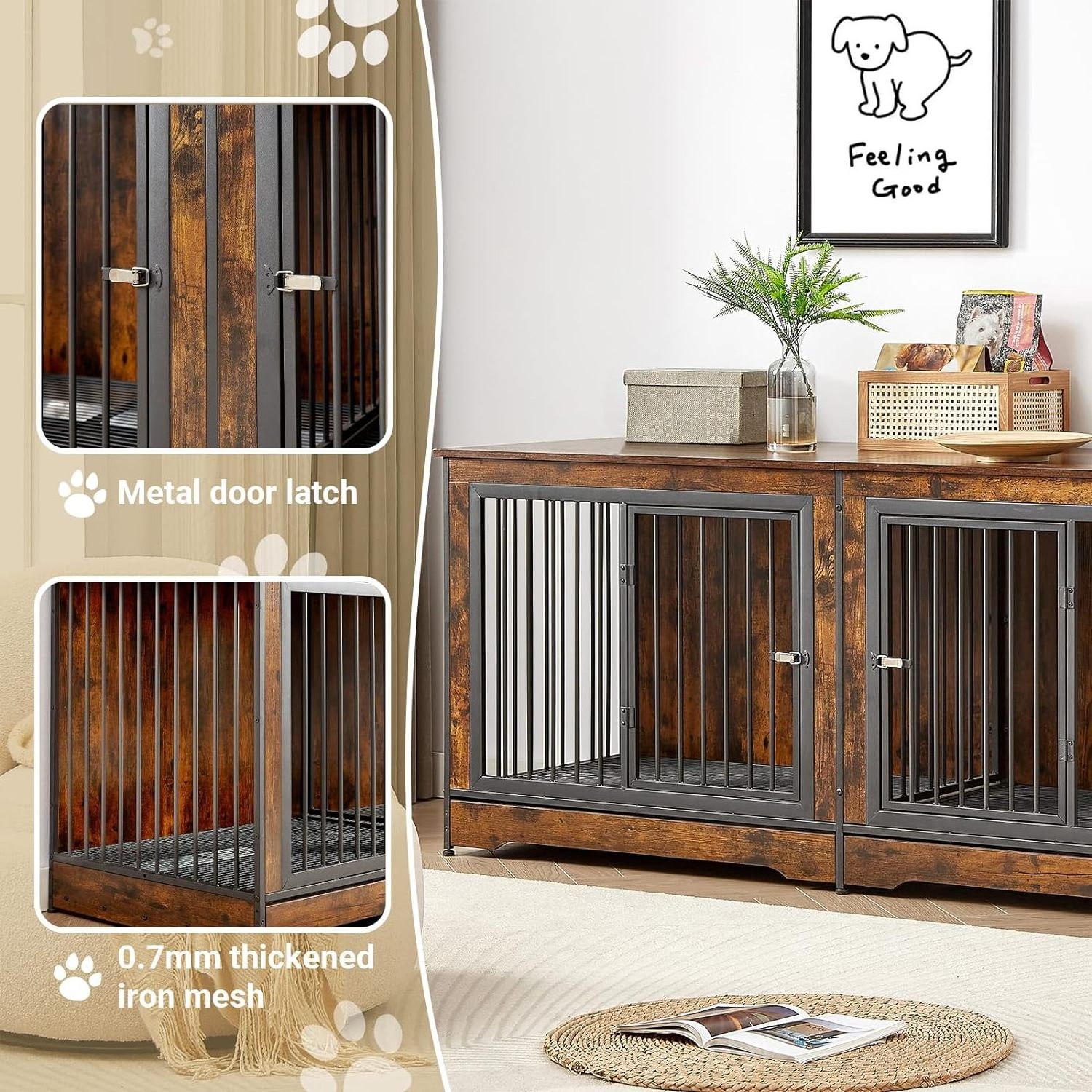 75 inch Heavy Duty End Table Wood Double Dog Crate Furniture for 2 Large Dogs