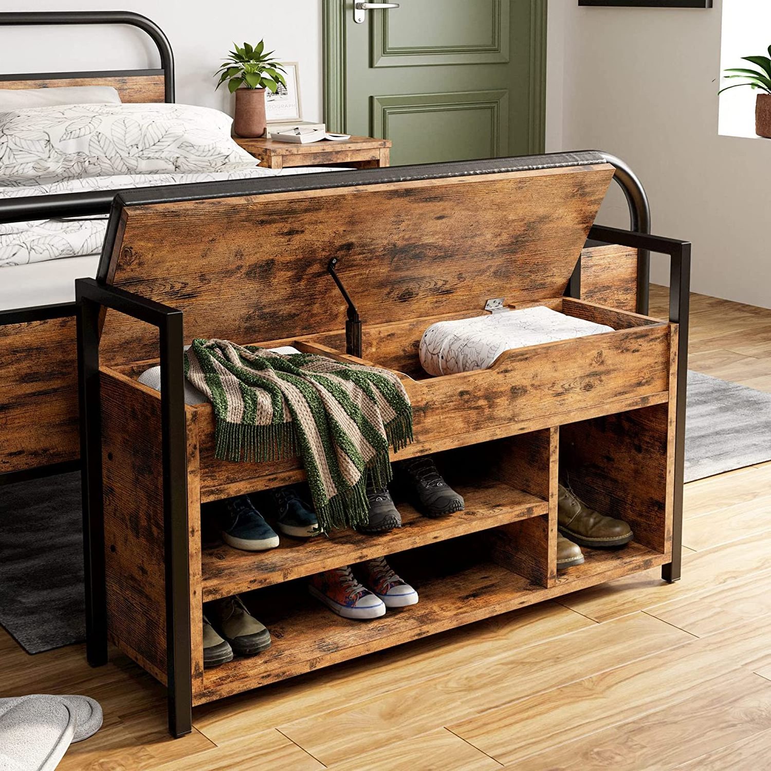 Indoor Wooden Furniture 2-Tier Shoe Rack Organizer Entryway Bench With Lift Top Storage Box