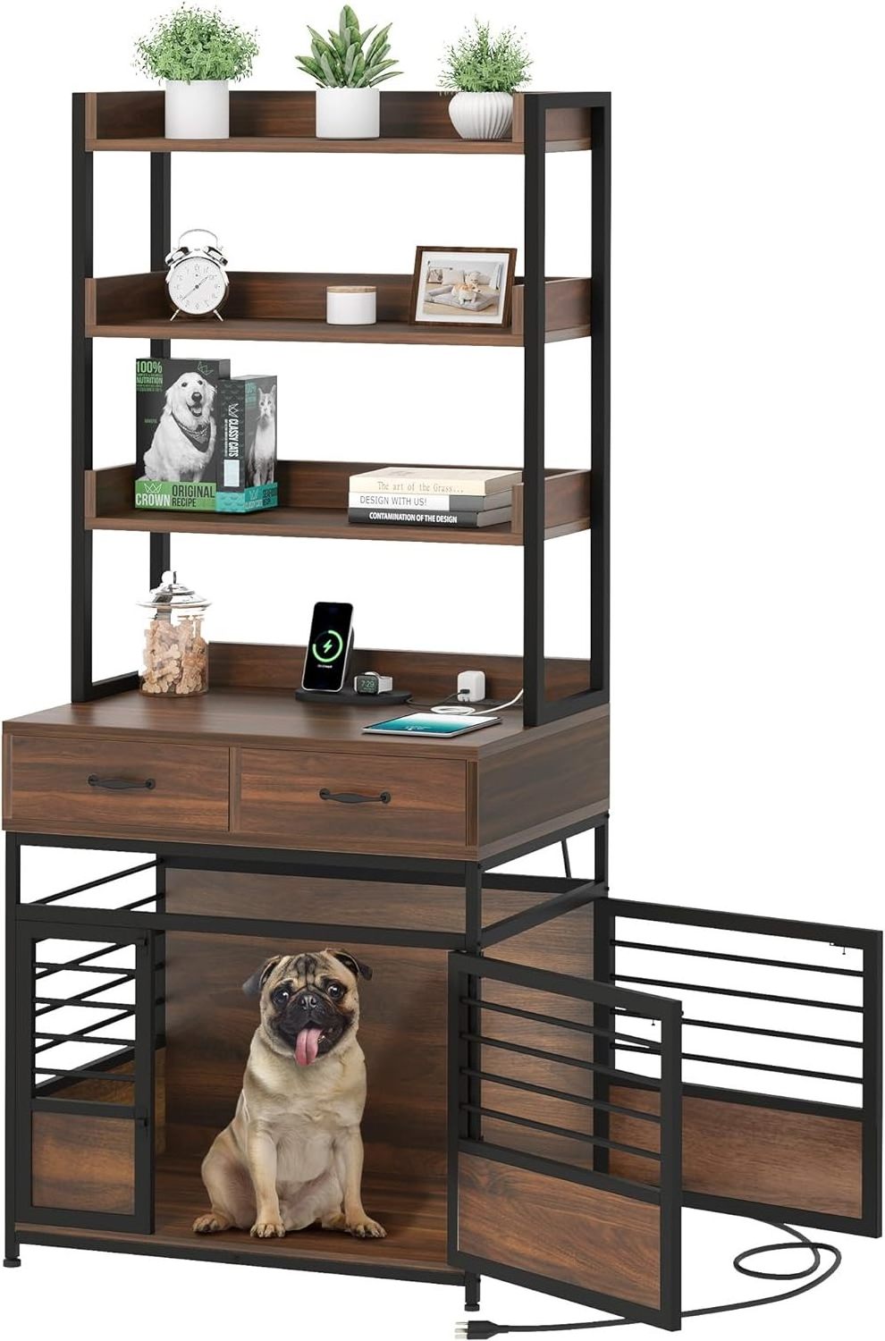 32 Inch Heavy Duty Double Doors Wooden Dog Kennel Modern Dog Crate Furniture with Storage Shelves