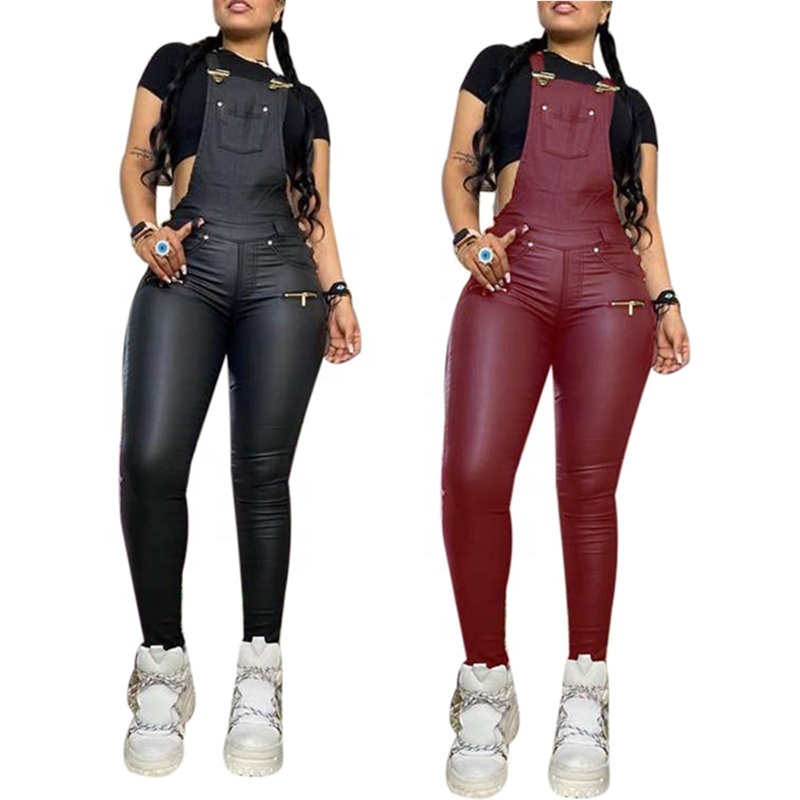 Black Wine Red Skinny Jumpsuit For Women Adjustable Straps Faux Leather Overalls