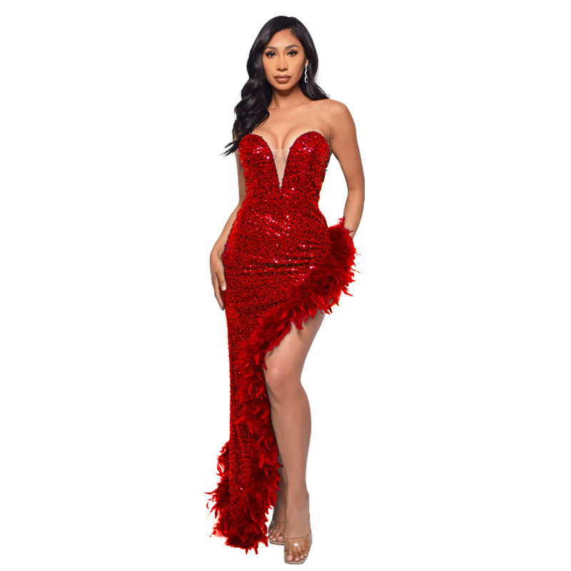 2023 Hot Sexy Lace Up Back Asymmetrical Hem Strapless Sequin Feather Trim Prom Evening Dress Women