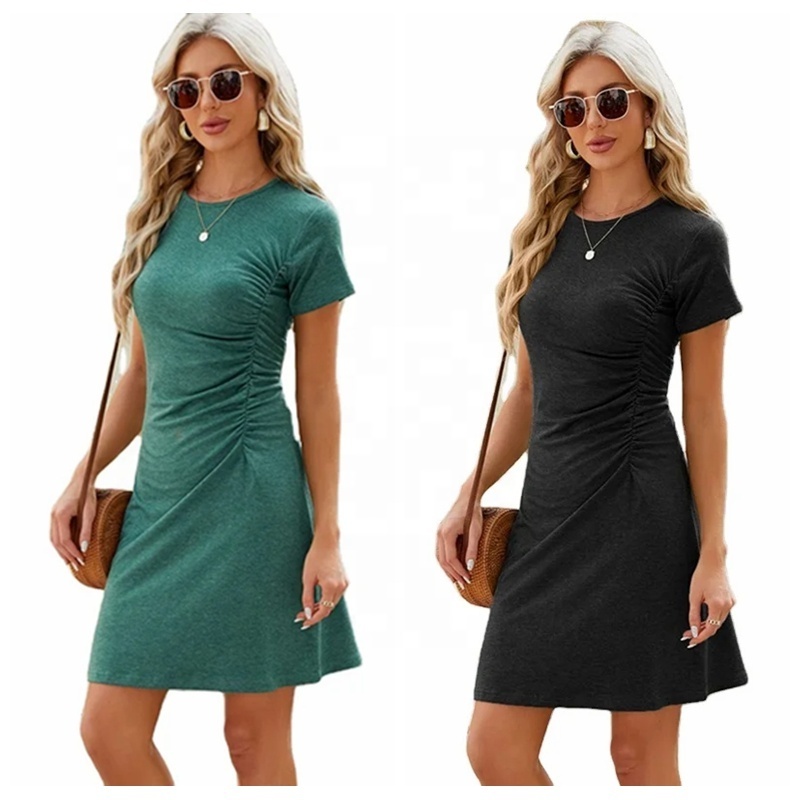 Channel Fast Shipping 2024 Short Sleeve Blank Casual Ruched Work T Shirt Dresses Women For Summer