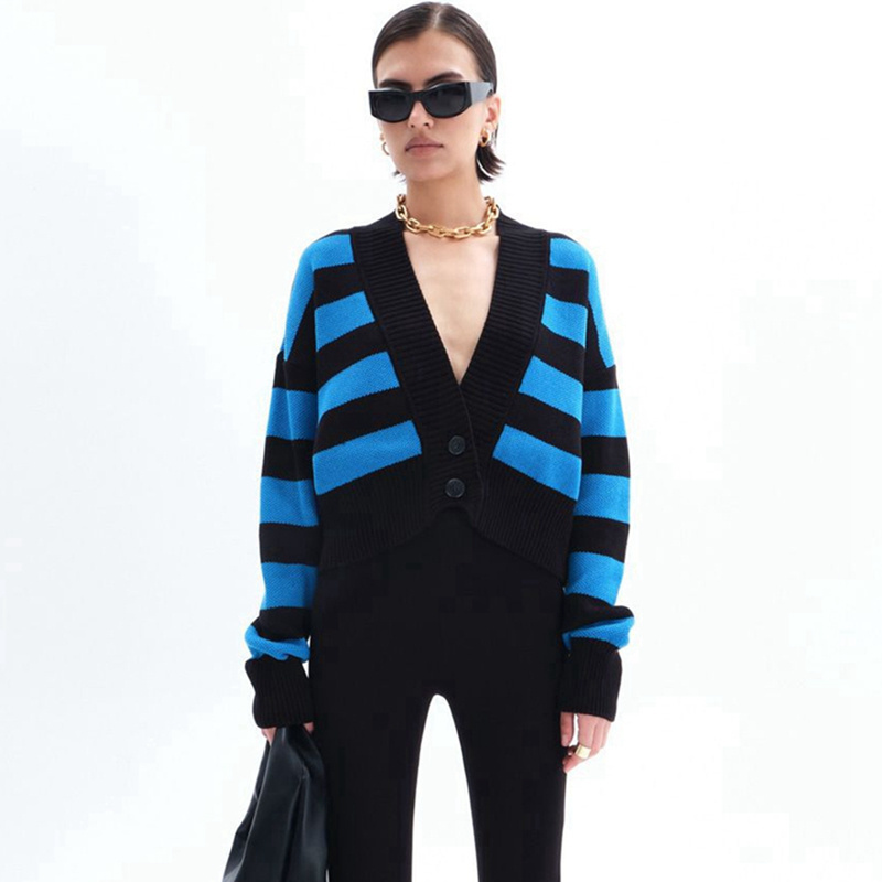 Channel Spring Fall Deep V Neck Color Block Striped Button Casual Cropped Knitted Cardigan Sweaters For Women 2023