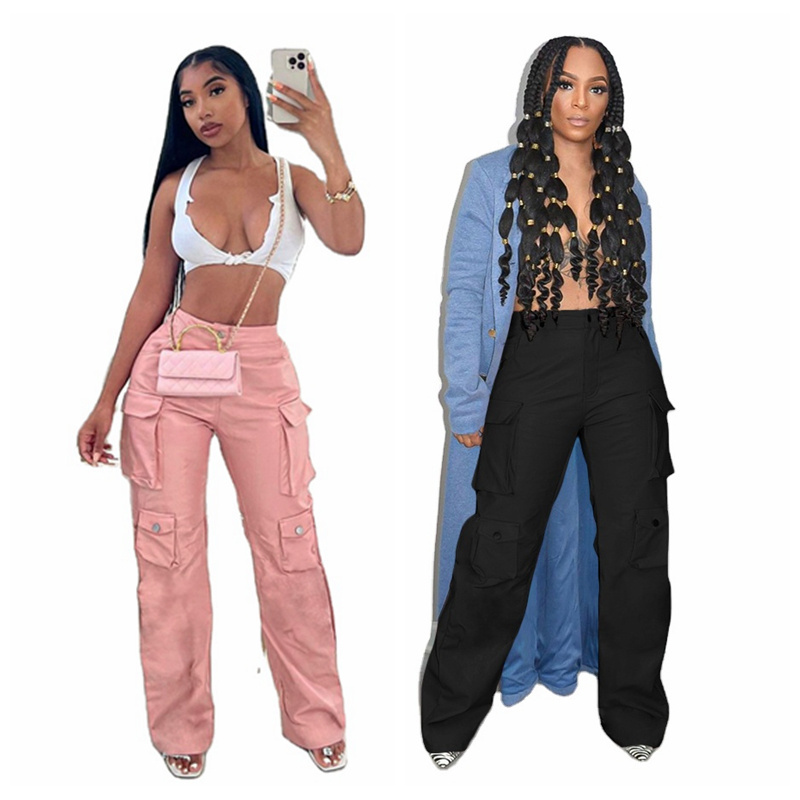 Channel Black Pink Streetwear Straight Leg High Waist PU Leather Cargo Pockets Pants Women 2023