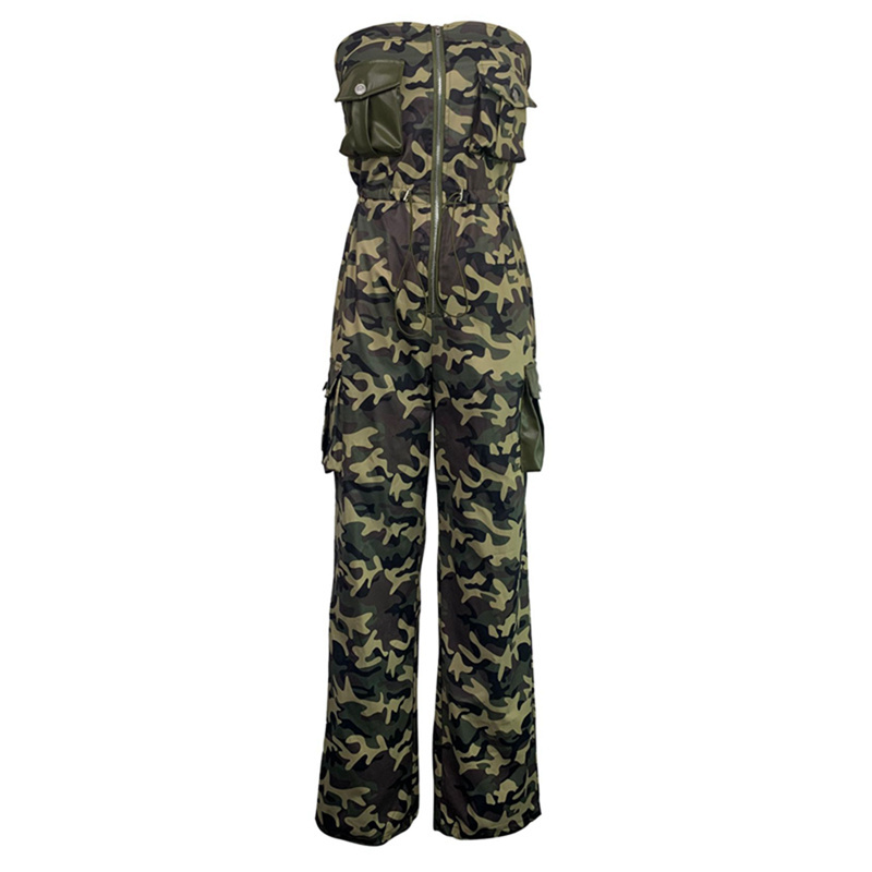 Channel Casual 2023 Zipper Front Flap Pockets Wide Leg Camouflage Strapless Tube Top Cargo Jumpsuit Women