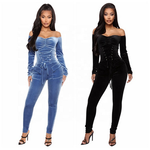 Channel Hot Selling 2023 Long Sleeve Pockets Front Lace Up Waist Women's Velour Off The Shoulder Jumpsuit