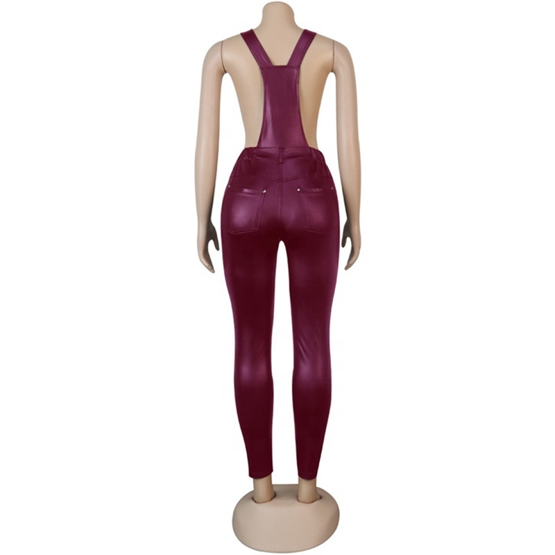 Black Wine Red Skinny Jumpsuit For Women Adjustable Straps Faux Leather Overalls