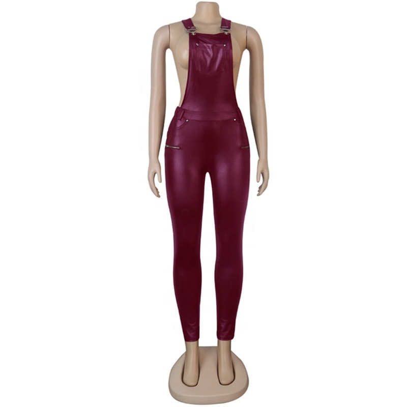 Black Wine Red Skinny Jumpsuit For Women Adjustable Straps Faux Leather Overalls