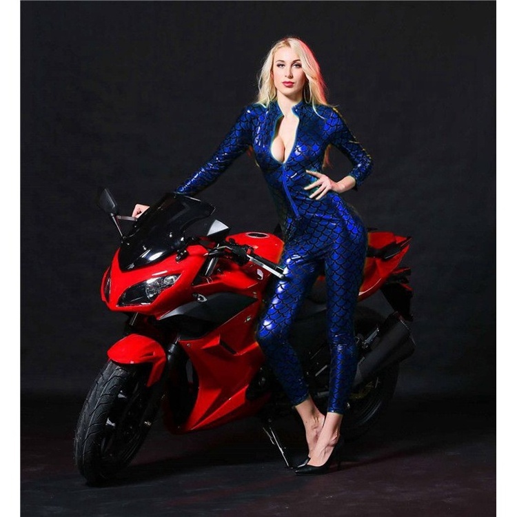 3 Colors Women Sexy Zipper Front Long Sleeve Fish Scales Metallic PU Leather Catsuit Jumpsuit