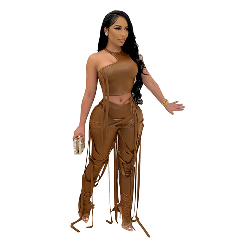 Clubwear Women's Bandage Two Piece Elastic Irregular Tank Top Split Hem Pant Sets Leather Outfit