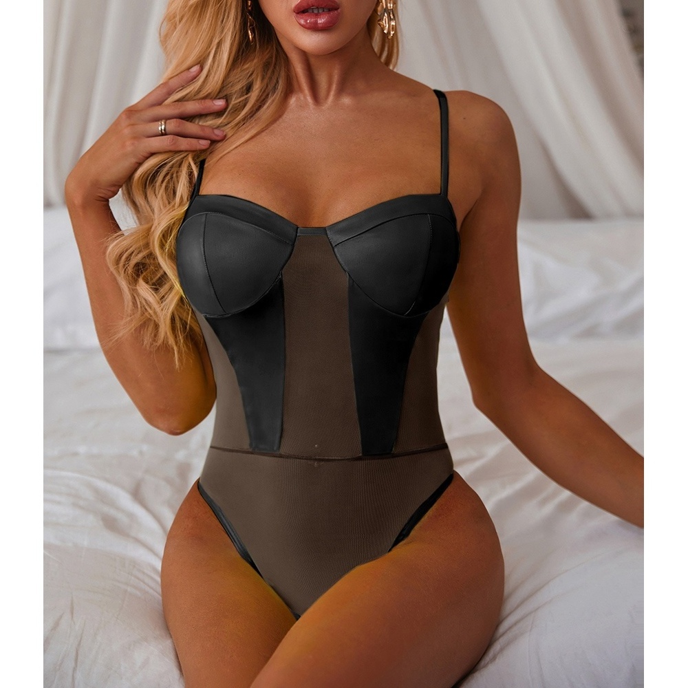 Leather Mesh Crotchless One Piece Tight Bikini lady