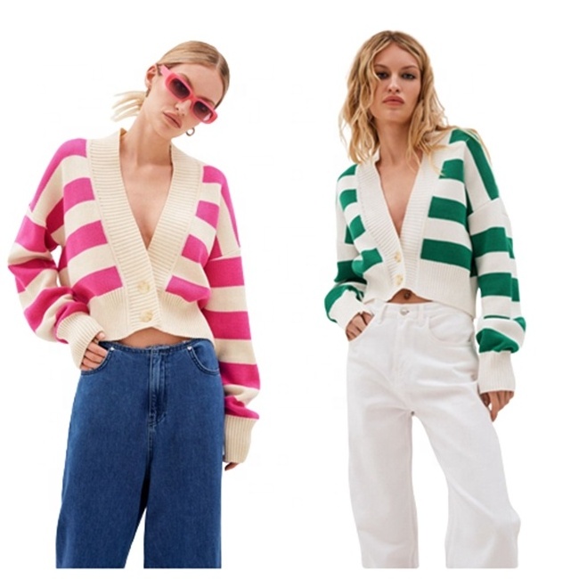 Channel Spring Fall Deep V Neck Color Block Striped Button Casual Cropped Knitted Cardigan Sweaters For Women 2023