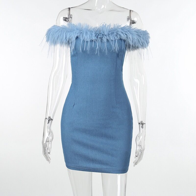 Channel 2023 Trendy Denim Look Bodycon Short Off The Shoulder Dresses With Feathers Trim For Women Party