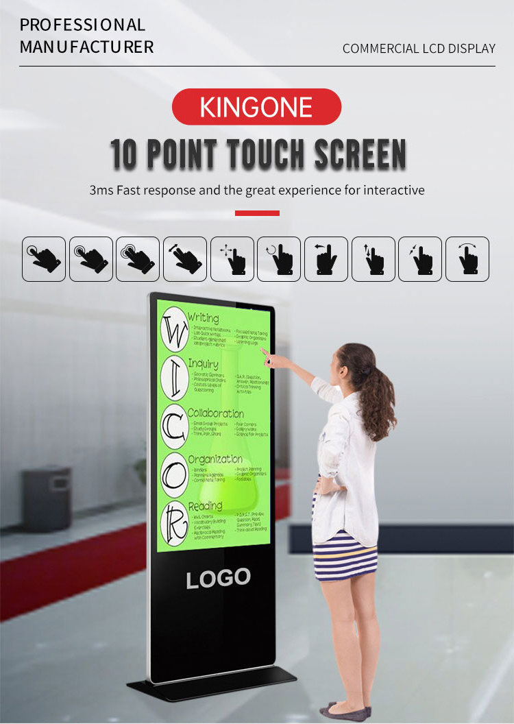 KINGONE Indoor Floor Standing 4K Vertical LCD Monitor Touch Screen Advertising Display Interactive Totem Digital Signage Screen